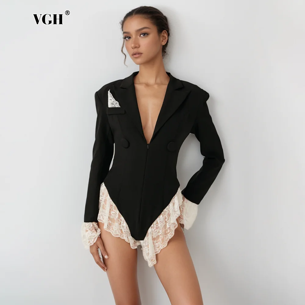 

VGH Streetwear Spliced Lace Slimming Jumpsuit Blazer For Women V Neck Long Sleeve Sexy Design Sense Jumpsuits Female Fashion New