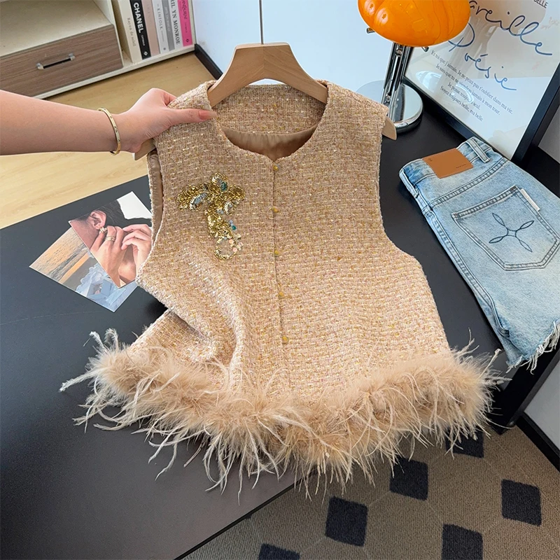 Handmade Beaded Vest Women's High-End Chinese Style Autumn 2026 Fashion Tweed Outerwear Cotton Polyester Blend Traditional Na...