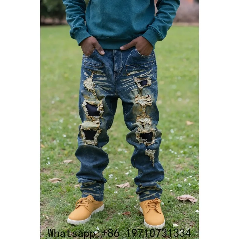 Plus-size Dark Street Style Ripped Jeans, Gradient Wash, Men's Extra Loose Trendy Pants