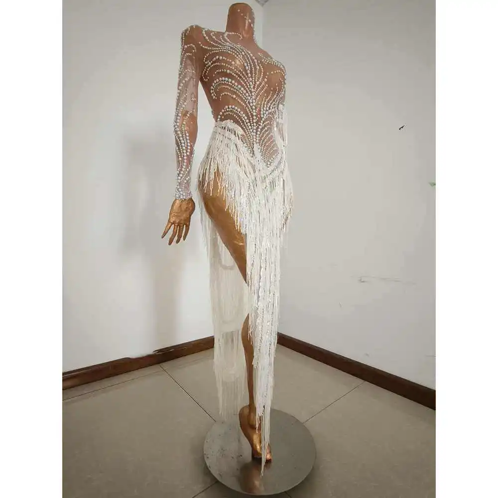 

Sparkly Rhinestones Sequins Fringes Birthday Celebrate Evening Dress Women Sexy Mesh Transparent Dance Costume Photo Shoot Wear