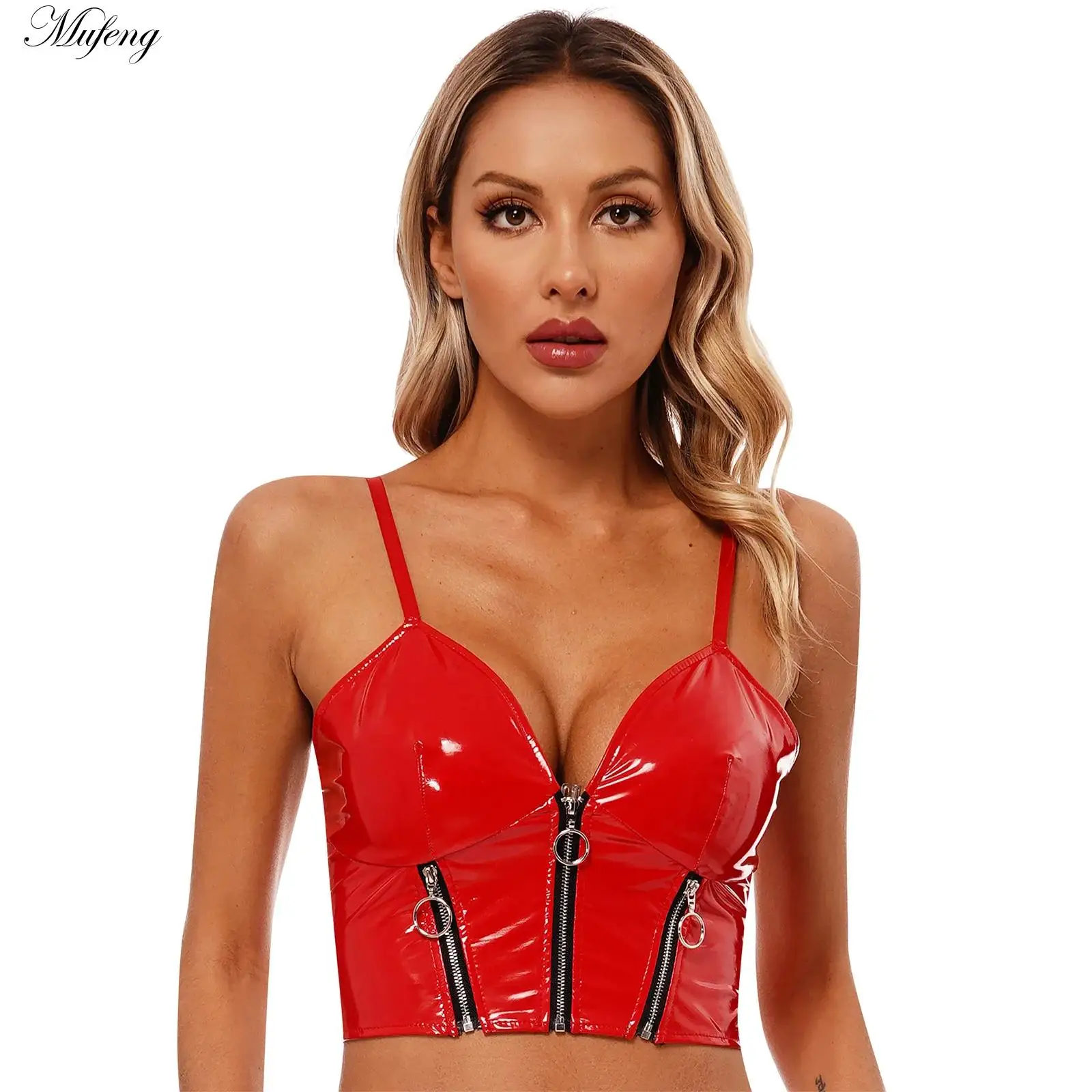 Women Patent Leather Crop Top Pole Dancing Camisole Sexy Rave Carnival Party Deep V Zipper Backless Sling Vest Tank Top Clubwear