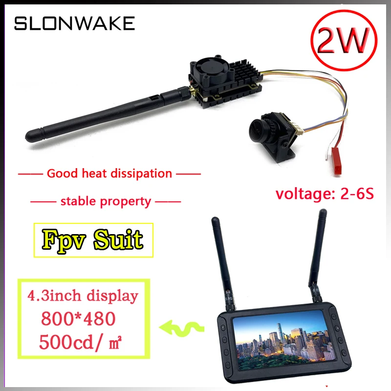 SLONWAKE FPV 2W VTX transmitter 5.8g 1200TVL camera +4.3inch display suit 40CH Suitable for UAV fixed wing remote control car