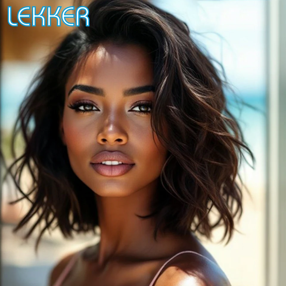 Lekker Black Short Wavy Bob 13x1 C Part Lace Front 100% Human Hair Wigs For Women Brazilian Remy Hair Colored Glueless 12