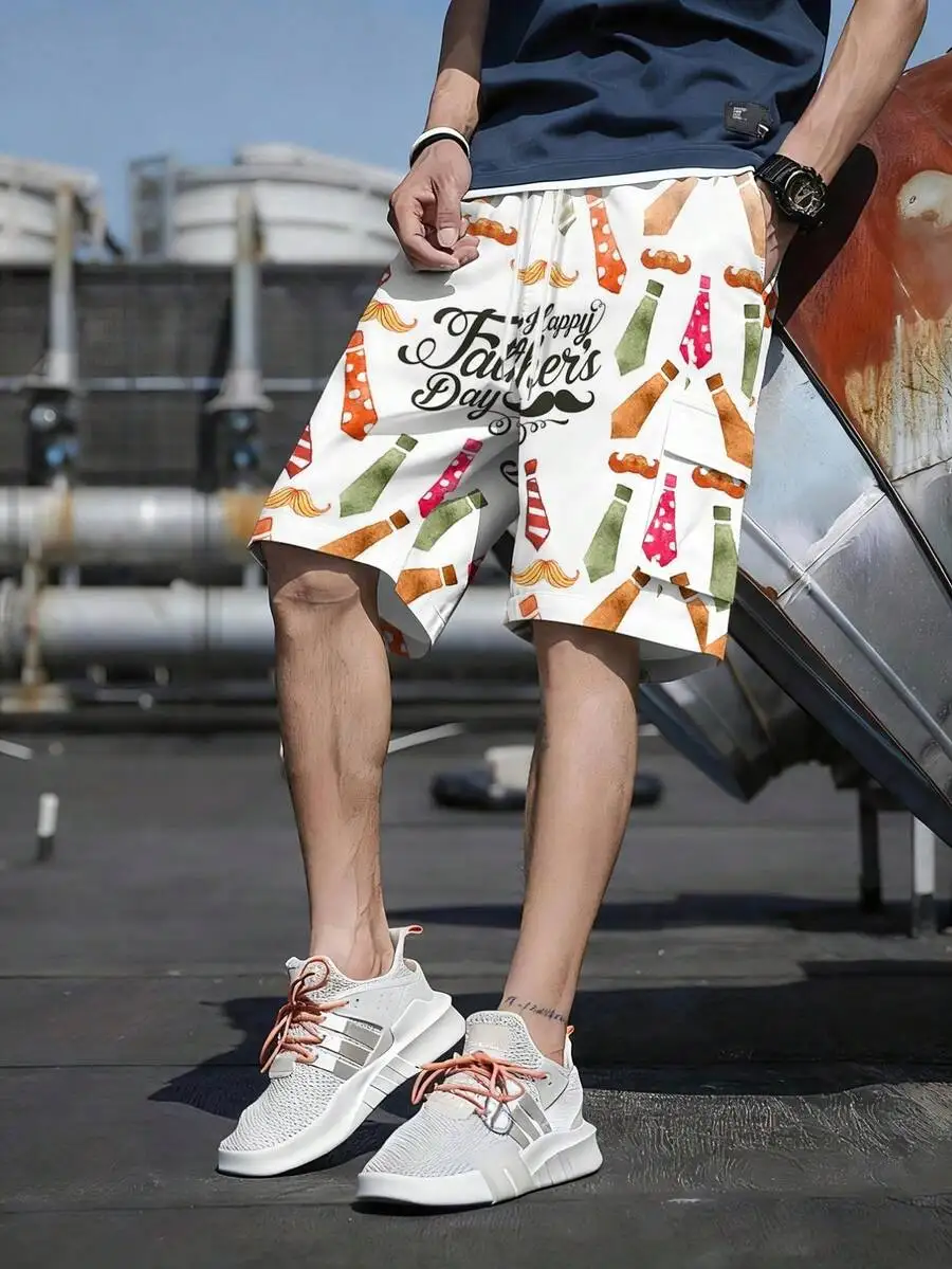 A Pair Of Men's Cargo Shorts With Watercolor Tie And Mustache Prints, For Father's Day, Made Of Polyester Fiber, Lightweight