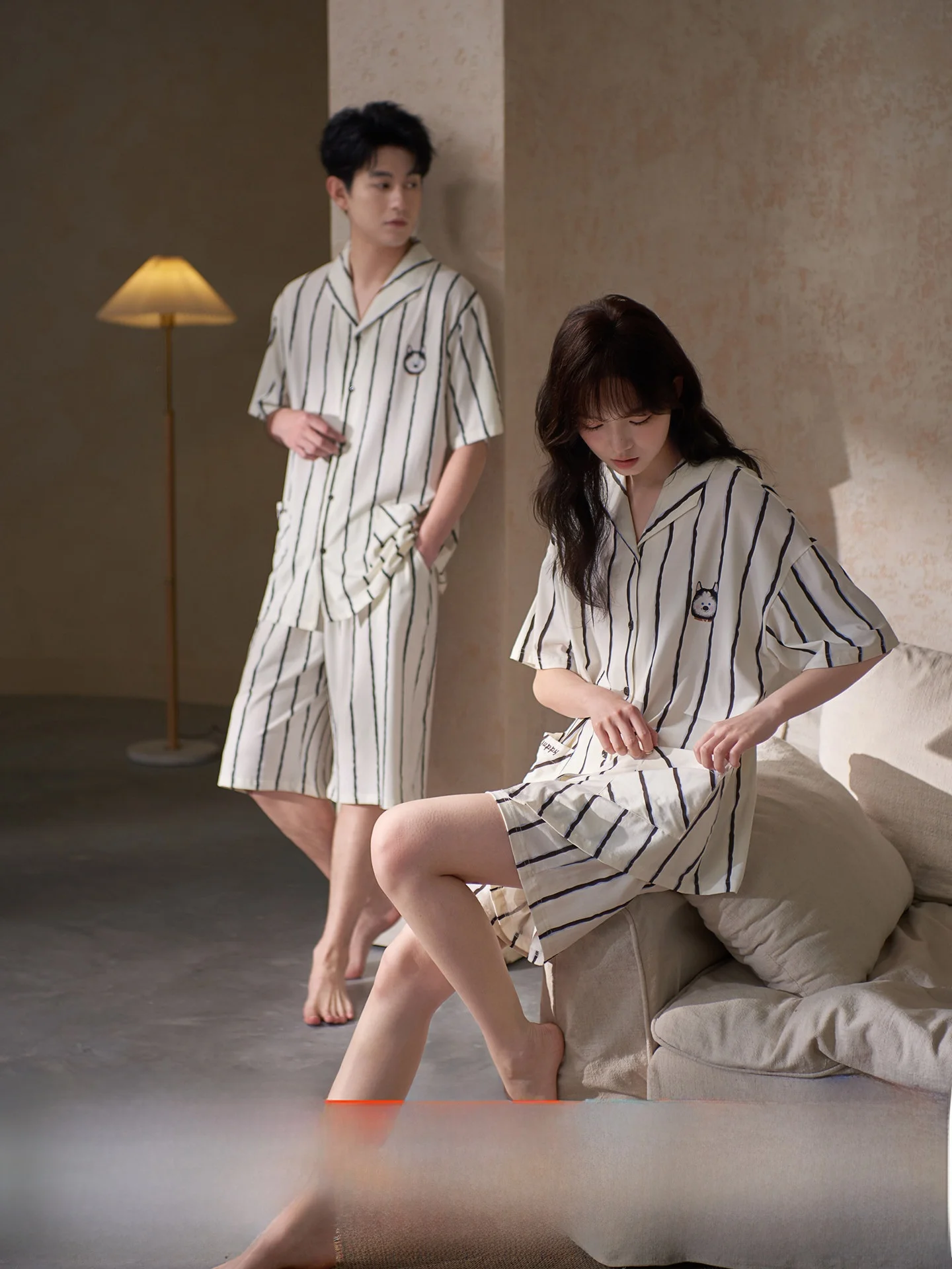mrs-si-li-cool-sensation-modal-couple-sleepwear-women's-short-sleeve-shorts-home-clothes-summer-striped-outdoor-casual-wear