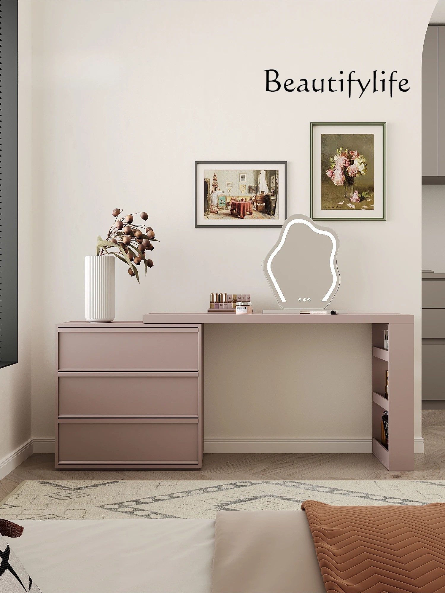 

Minimalist makeup table master bedroom small apartment dresser corner integrated cream wind solid wood desk