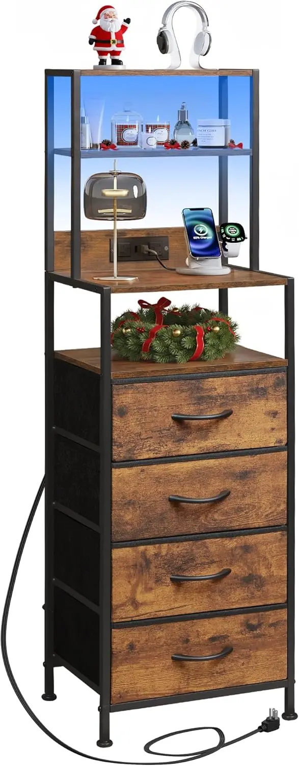 

Tall Nightstand with Charging Station, LED Night Stand with 4 Drawers and Storage Open Shelves, Fabric Dresser for Bedroom