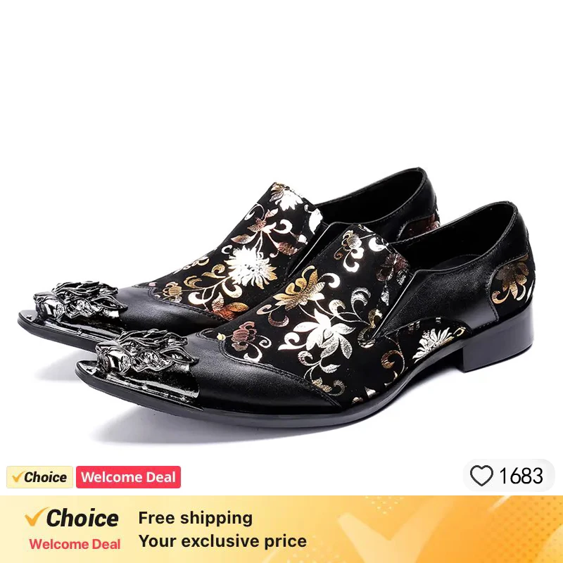 

Italy High Heel Mens Pointed Metal Toe Dress Shoes Black Party Shoes Gold Floral Print Patchwork Men Suede Leather Formal Shoes