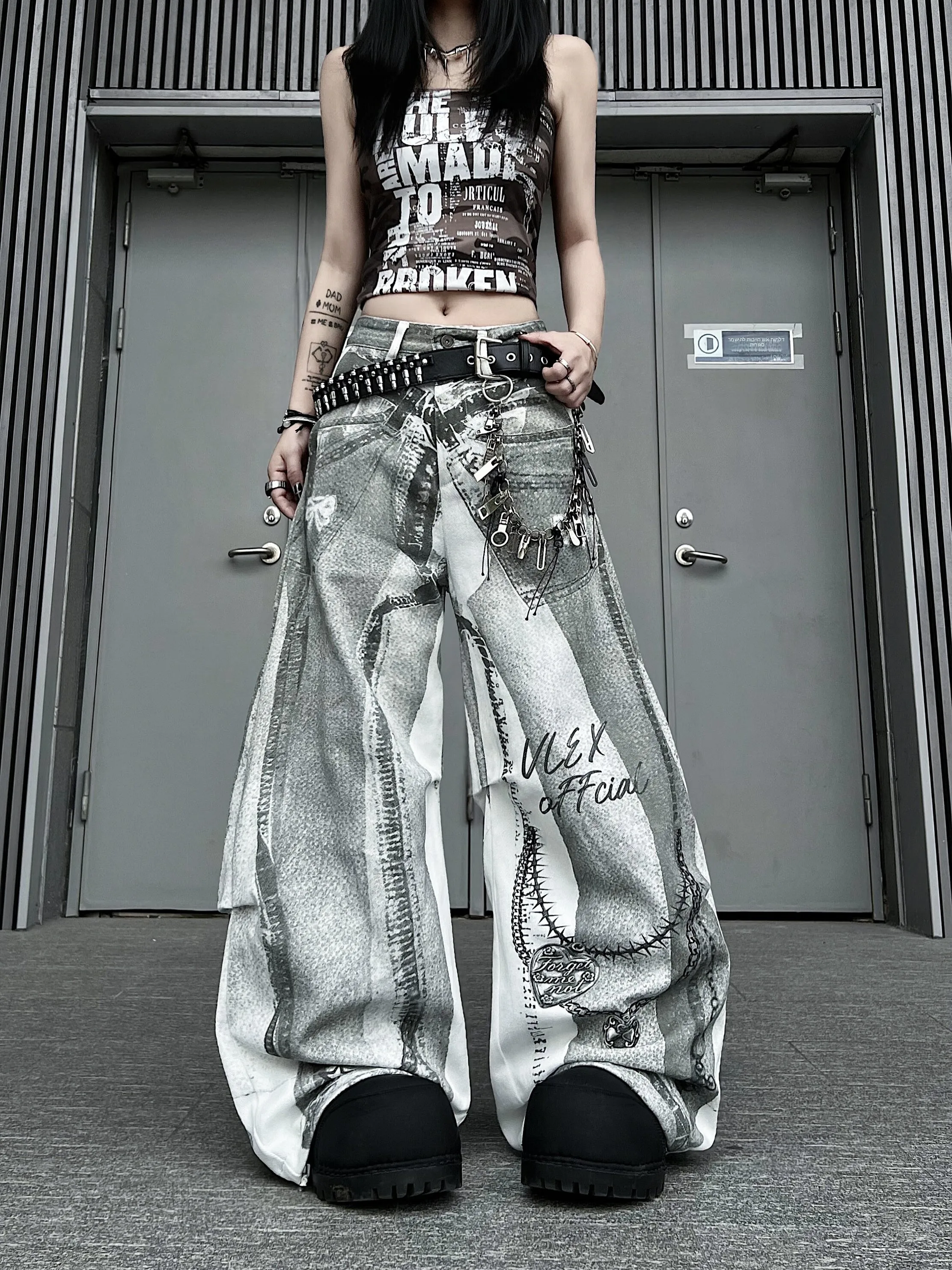 Retro American Street 3D Digital Print Direct Spray Craft Wide Leg Jeans High Waist Zipper Closure Youth Suitable Denim Fabric