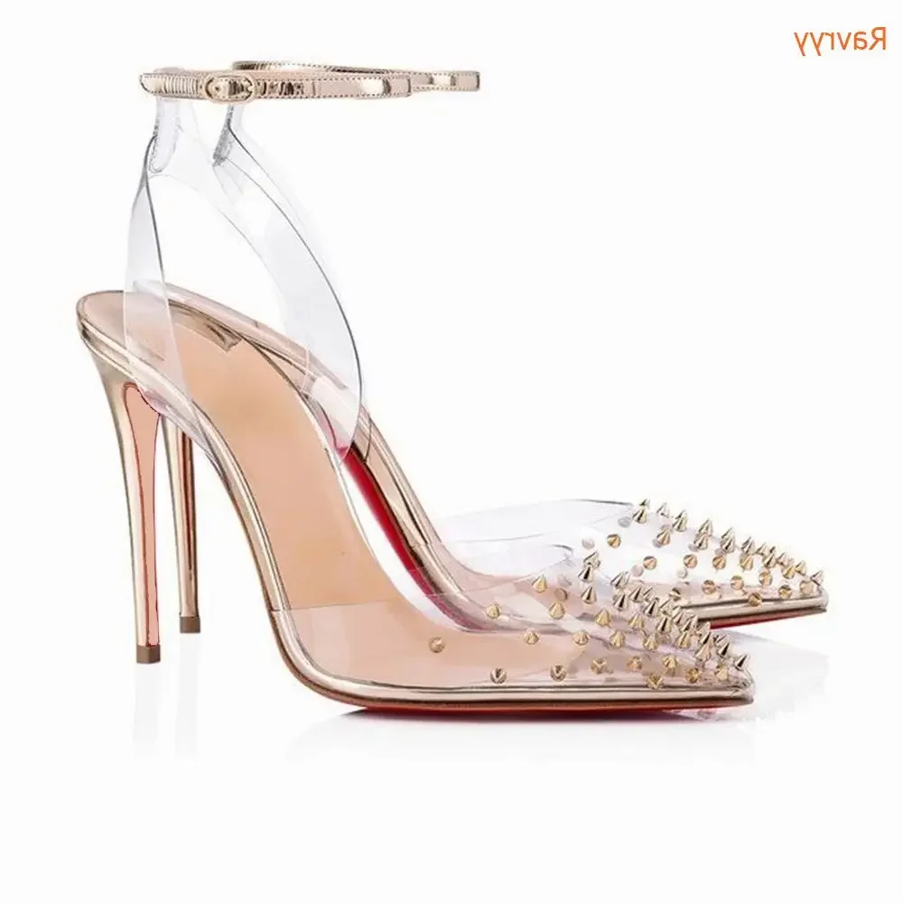 

Women Sexy Summer Sandals PVC Rivet Pointed Toe Shoes 2025 Newest Slingback Shoes Thin Heels Party Ankle Buckle Ladies Sandals