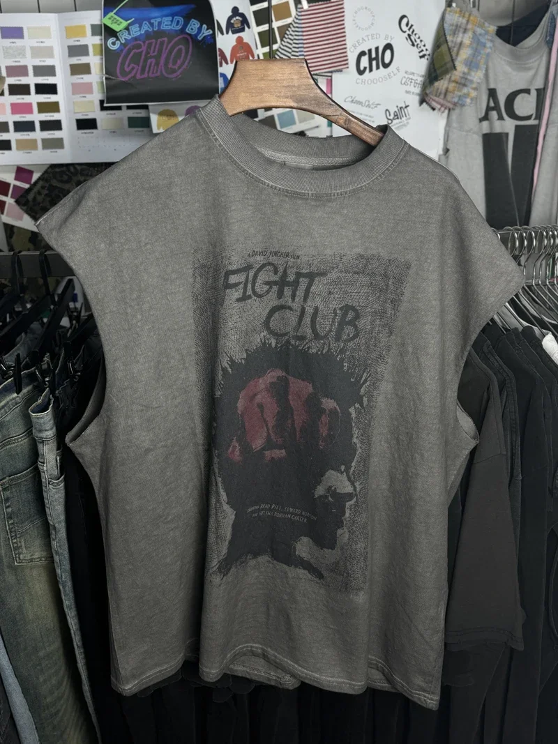 

High Street Loose Tshirt Washed Cotton FIGHT CLUB Tank Tops Tank Tops Men Women Summer High Quality Oversized Sleeveless T-shirt