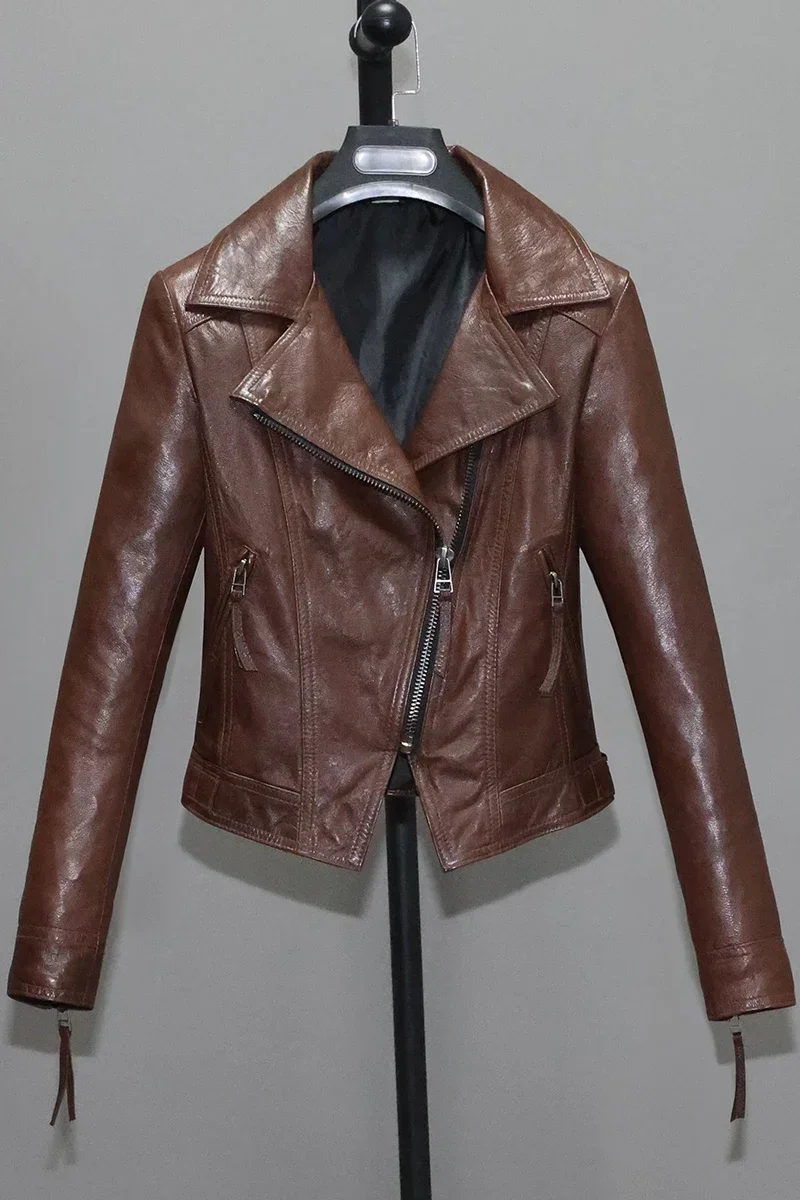 Real Leather Jacket Women Vegetable Tanned Goatskin Genuine Leather Clothes Women\'s Motorcycle Jacket Vintage Slim Top Female FC