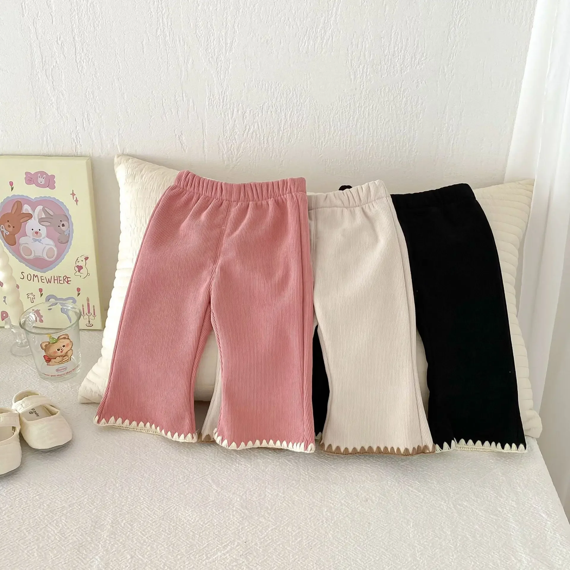 2024 Winter New in Kids Baby Girls Thicken Velvet Warm Flare Pants , Infant Toddler Cute Clothing 3M-3Y