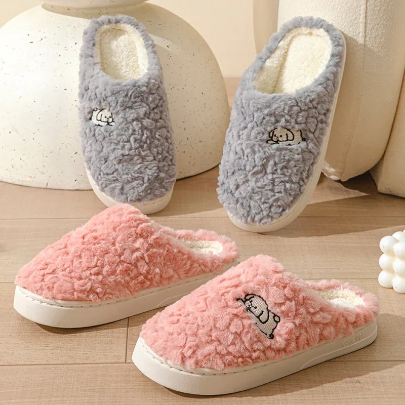 Winter Plush Warm Women Cotton Slippers Casual  Indoor Home Toe Wrap Fluffy Slides Men Anti Slip Autum Dog Cartoon Soft Shoe