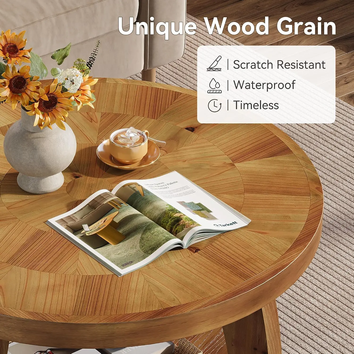 Solid Wood Round Coffee Table 2-Tier with Storage Living Room Furniture, Customized