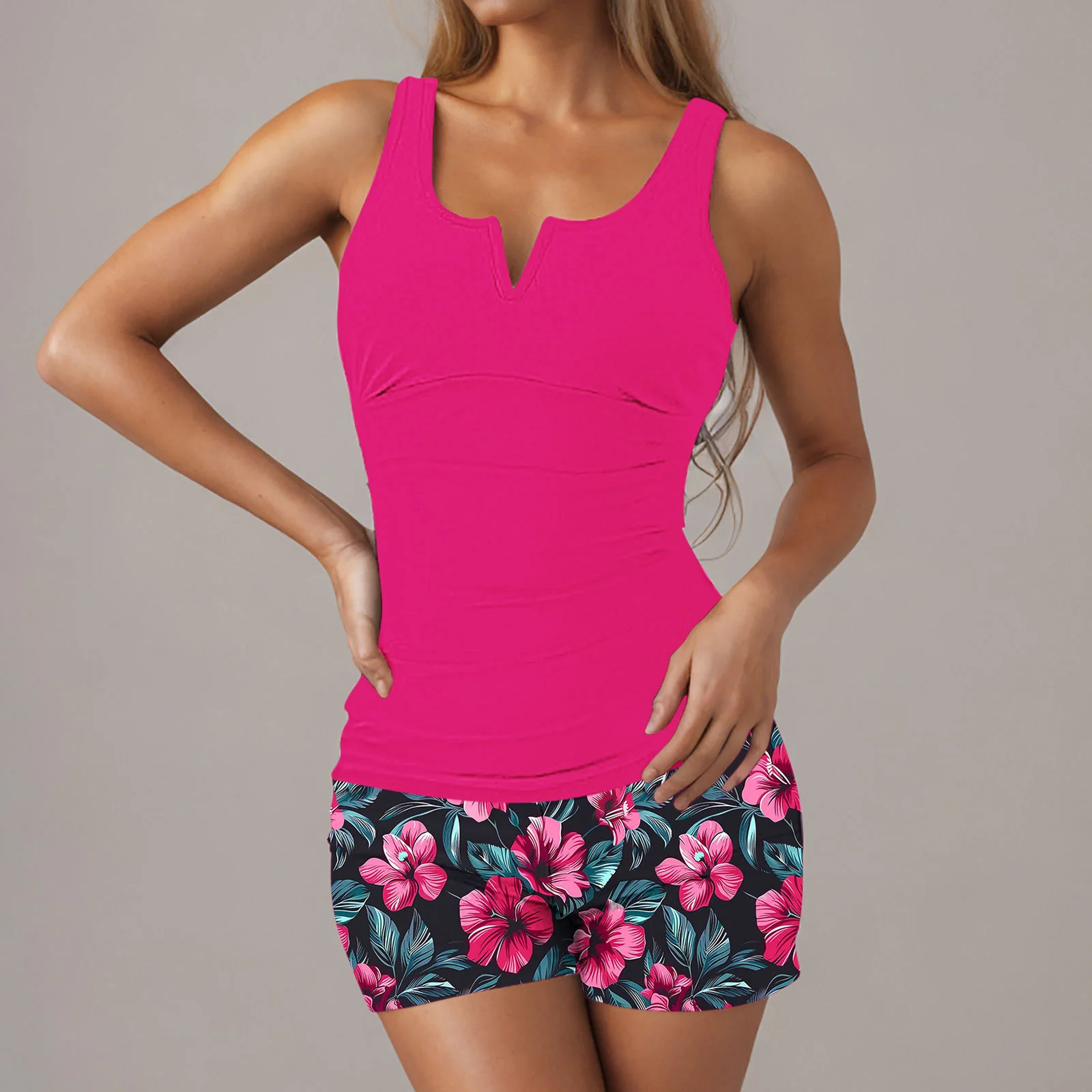 2026 V-Wire Tankini Set 2 Pieces Swimsuit Women Printed Swimwear Female Solid Bathers Bathing Swimming Swim Suit Beachwear XXL