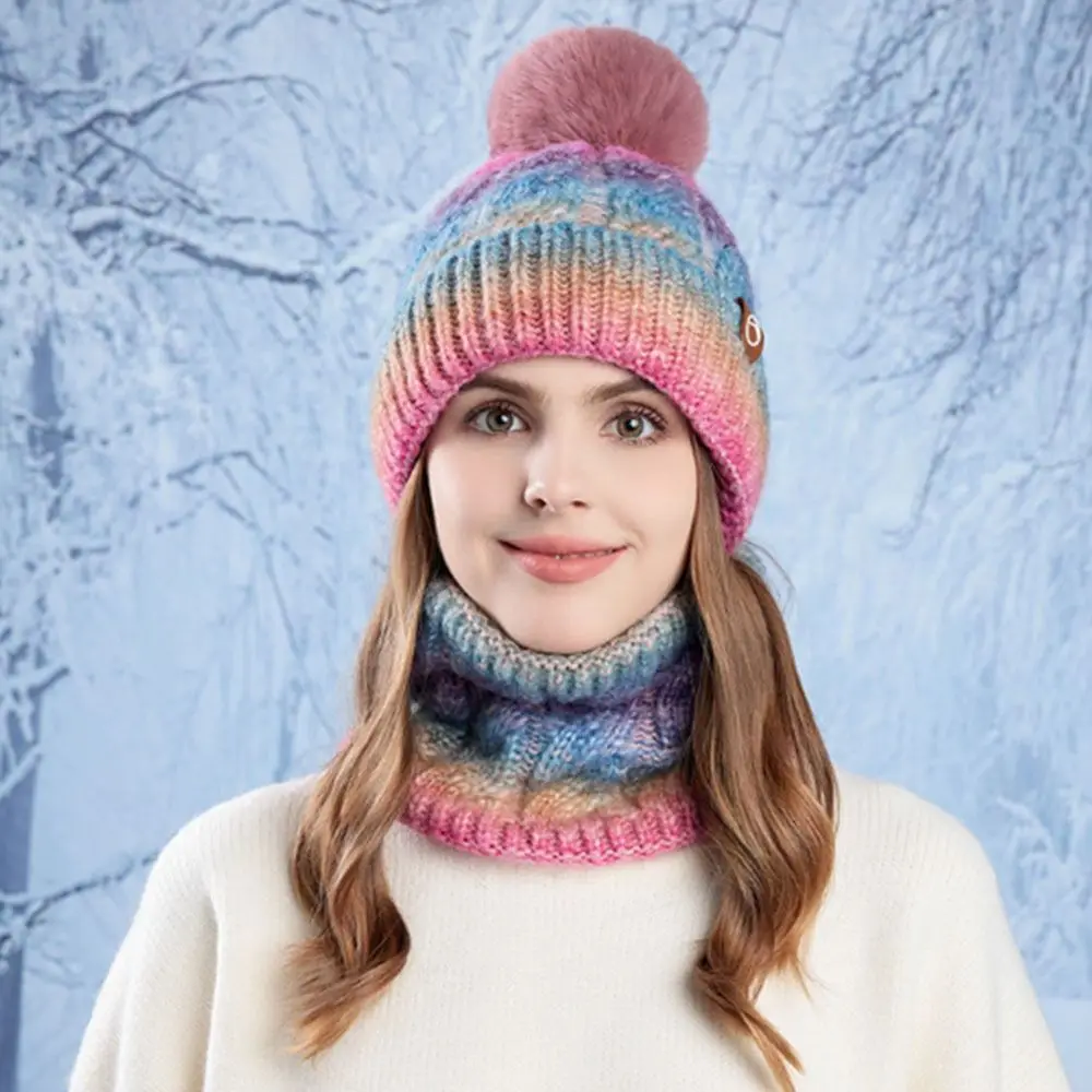 Fashion Gradient Color Knitted Hat Scarf Set Cold-proof Windproof Beanies Caps Winter Warm Thickened Neck Warmer for Woman