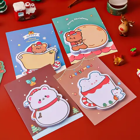 4pcs 30 Sheets Christmas Sticky Notes Memo Pads Cute Bear Design Self-Adhesive Note Paper for Study Office School Supplies
