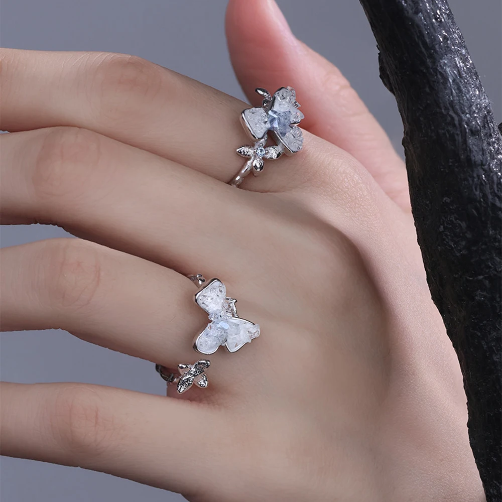F.I.N.S Original Crushed Ice Blue Flower Ring S925 Sterling Silver Rings Crystal Open Adjustable Band Finger Fine Jewelry Gifts