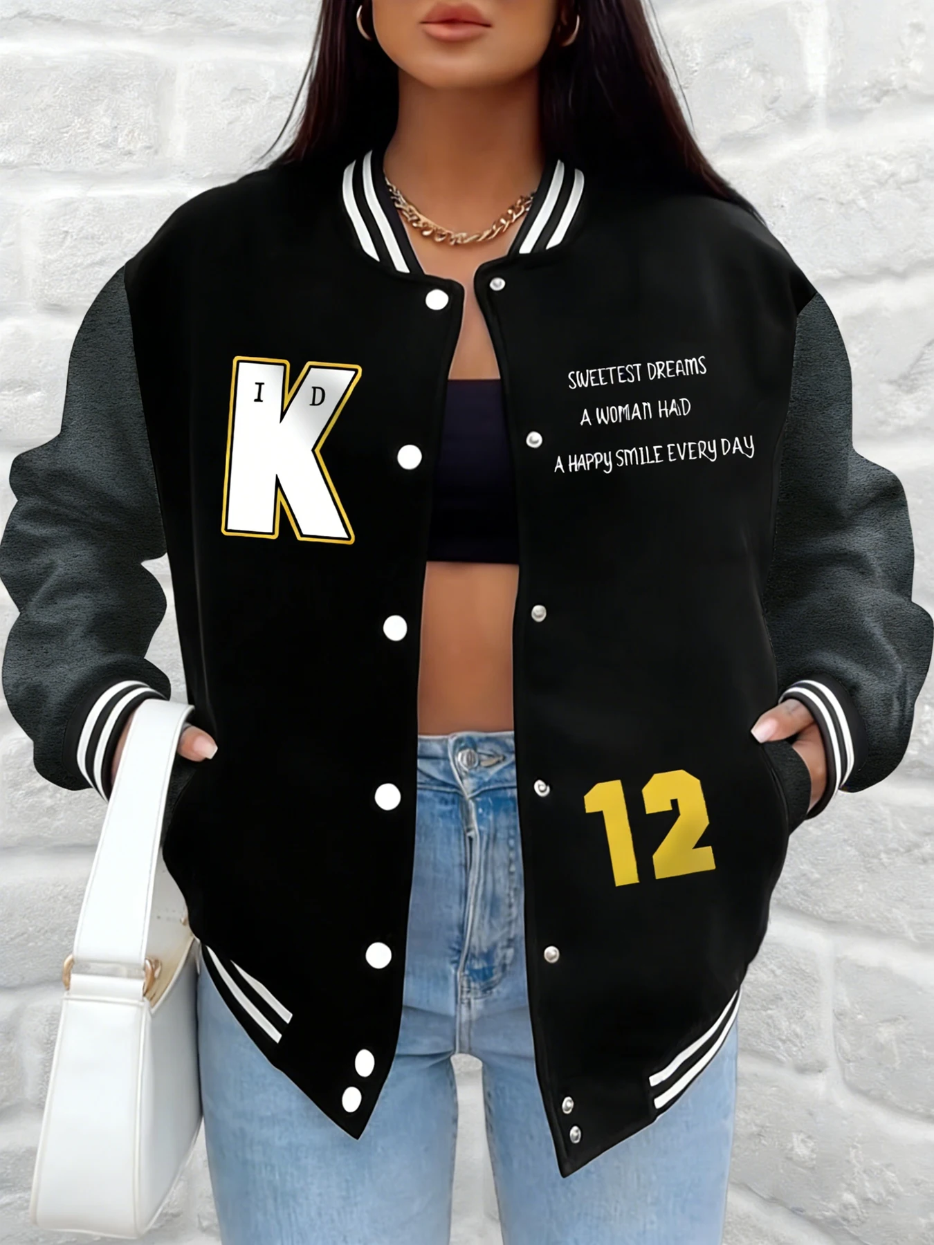 

Women Letter K Print Baseball Jacket Happy Mood Quote And Number 12 Varsity Coat Loose Fit Outerwear Casual Street Clothes