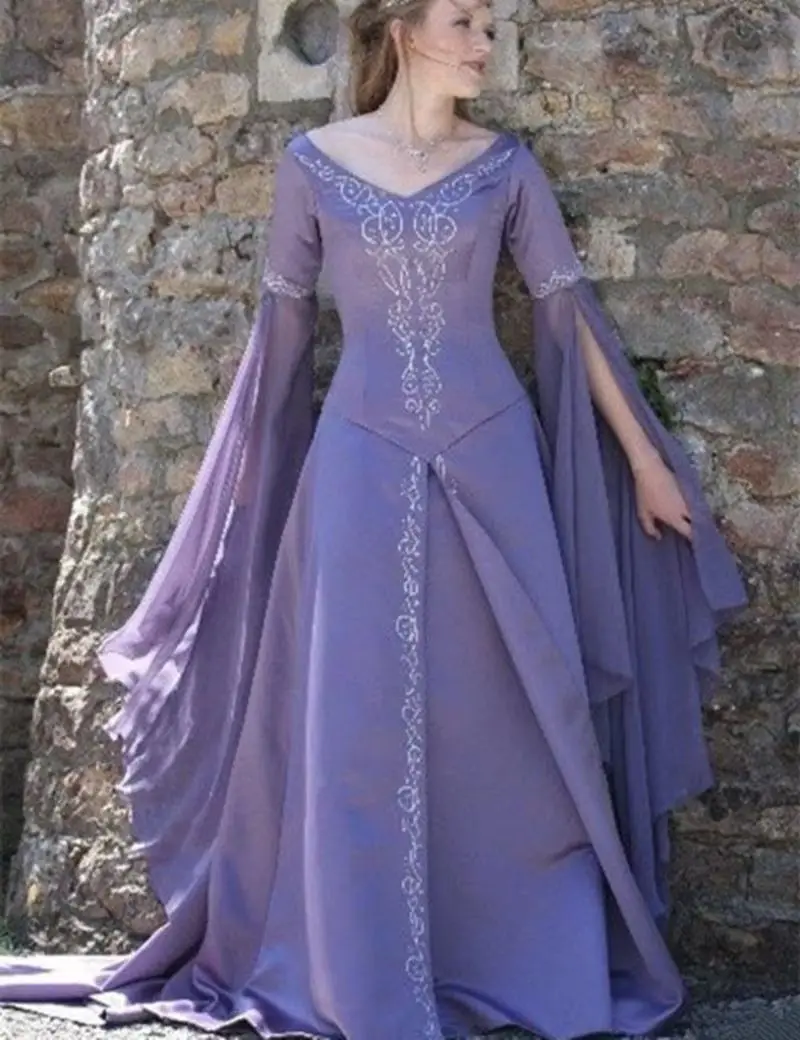 Medieval Embroidery Prom Dresses Long Flare Sleeves A Line V Neck Vintage Fairy Fantastic Evening Formal Party Gowns Customized