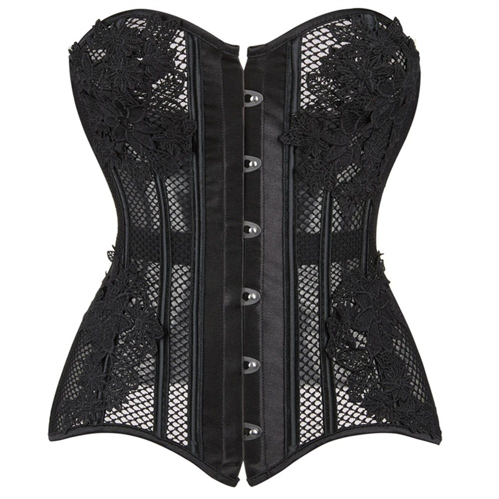 Women's Steampunk Lace up Overbust Corset Top Black Floral Hollow Out Mesh Sexy Gothic Waist Trainer Bustier