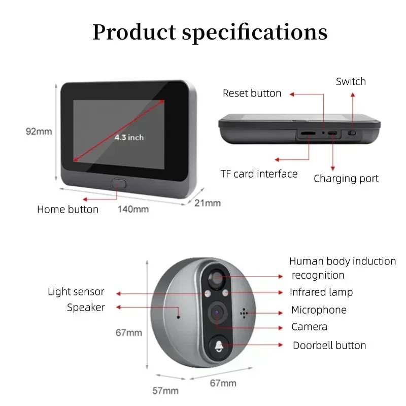 Timbre electrónico WIFI 4,3 pulgadas 1080P soporte de acceso de puerta Digital inteligente TUYA gran angular PIR con función de timbre de visión nocturna