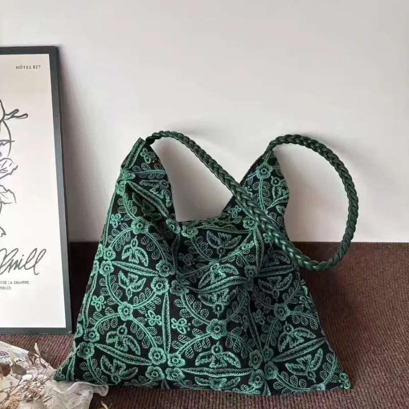 

Green Jungle Woven Embroidered Canvas Bag, Large Capacity Original Niche Handmade Cloth Bag, Versatile Minimalist Tote Bag