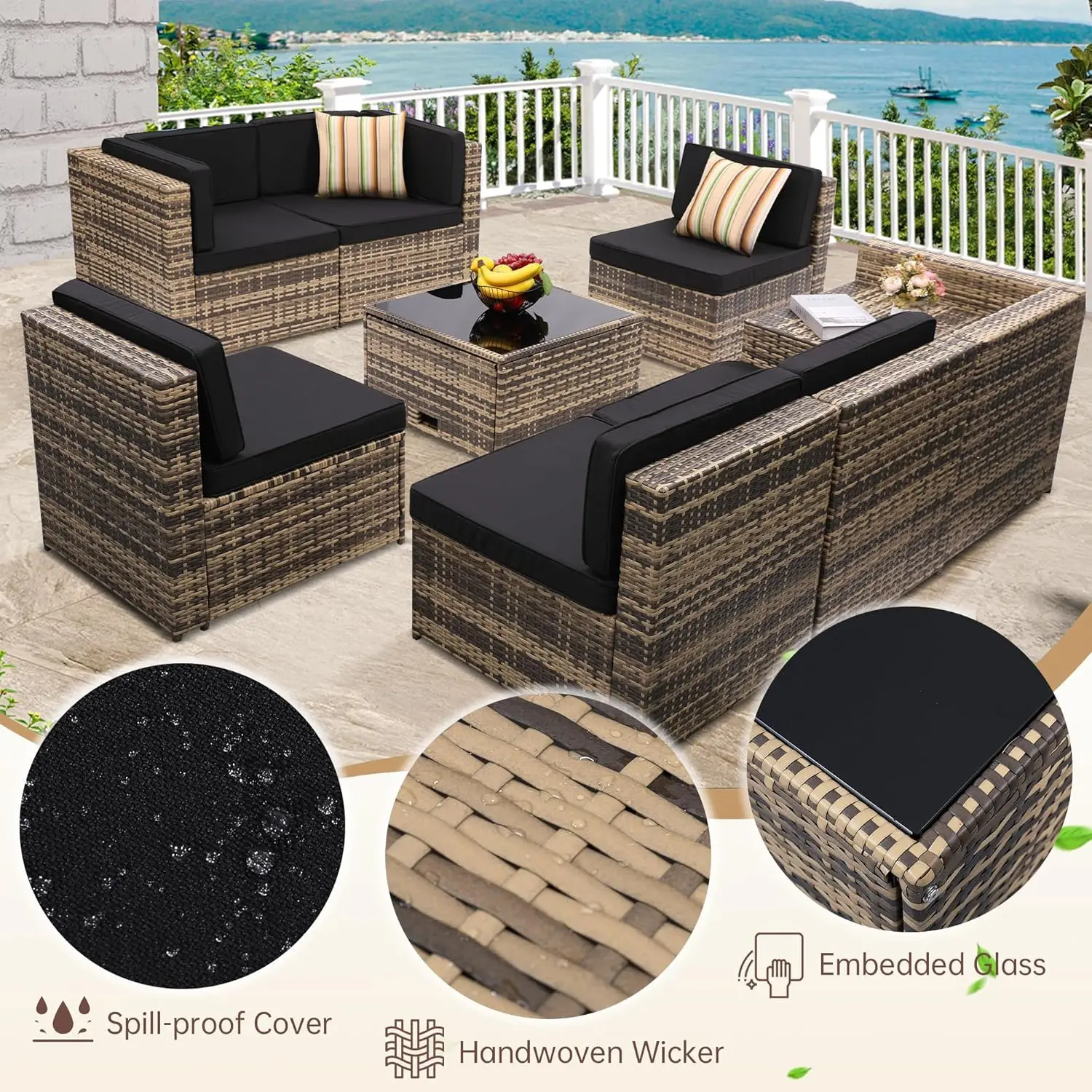 8 Pieces Outdoor Wicker Rattan Patio Furniture Sectional Set, Glass Top Table with Hidden Storage, 7 Sofa Sections, Oversized Cu