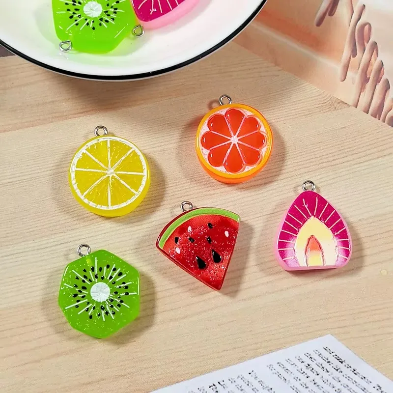 10pcs Lemon Kiwi Watermelon Strawberry Fruit Charms Resin Flatback Orange Food Pendant DIY For Earring Keychain Jewelry Make