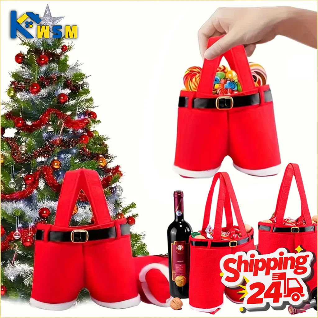 Bolsas de regalo de pantalones cortos de Papá Noel de Navidad, bolsas de asas de juguete para dulces, soporte para botellas de vino, recuerdo de fiesta reutilizable, suministros de decoración navideña