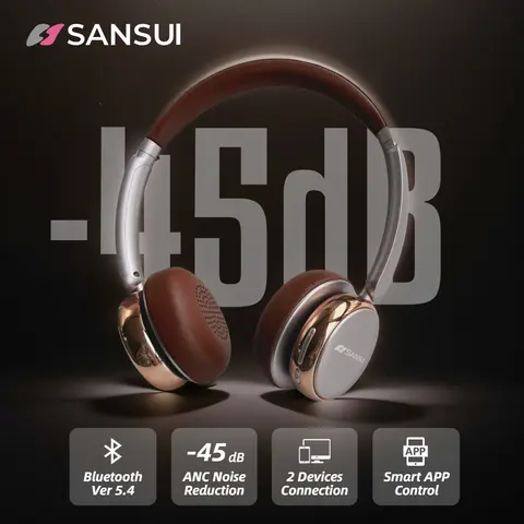 Sansui Cuffia retrò wireless ANC Auricolare Bluetooth -45dB Cuffie con fascia con cancellazione attiva del rumore Doppia connessione con APP