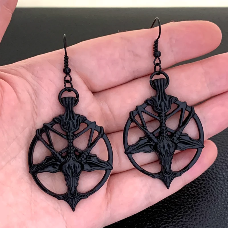 New Fashion Glamour Retro Women's Pentagram Pan God Skull Goat Head Pendant Earrings Black Silver Color Gothic Witch Jewelry