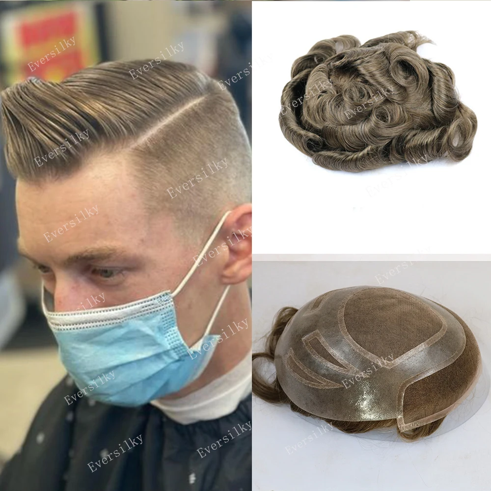 شعر بشري غير قابل للاكتشاف من الدانتيل الفرنسي المسامي من مادة البولي يوريثان الآسيوية بنسبة 100% # 340 عقدة شعر مستعار للرجال من أشقر رمادي داكن وبني داكن #4