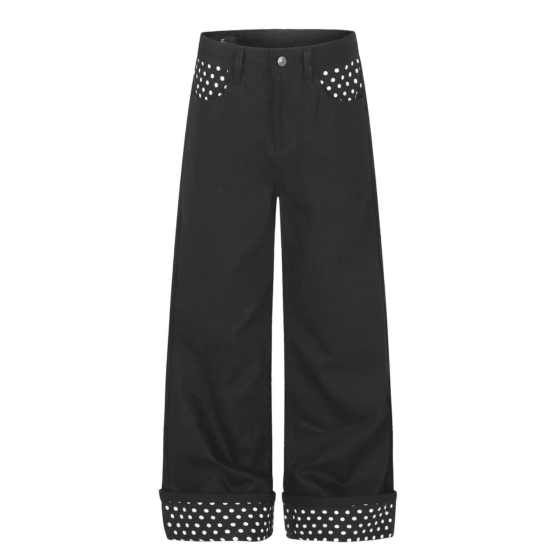 Calças Jeans Americanas de Perna Reta Solta com Estampa de Bolinhas Pretas para Homens e Mulheres, Calças Longas com Design E...