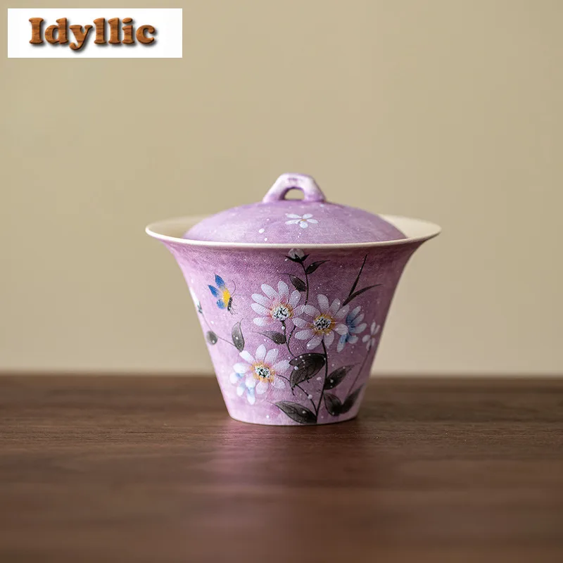 

120ml Hand-painted Small White Daisy Horseshoe-shaped Gaiwan Antique Tea Tureen Tea Bowl With Lid Kit Tea Maker Cover Bowl Craft