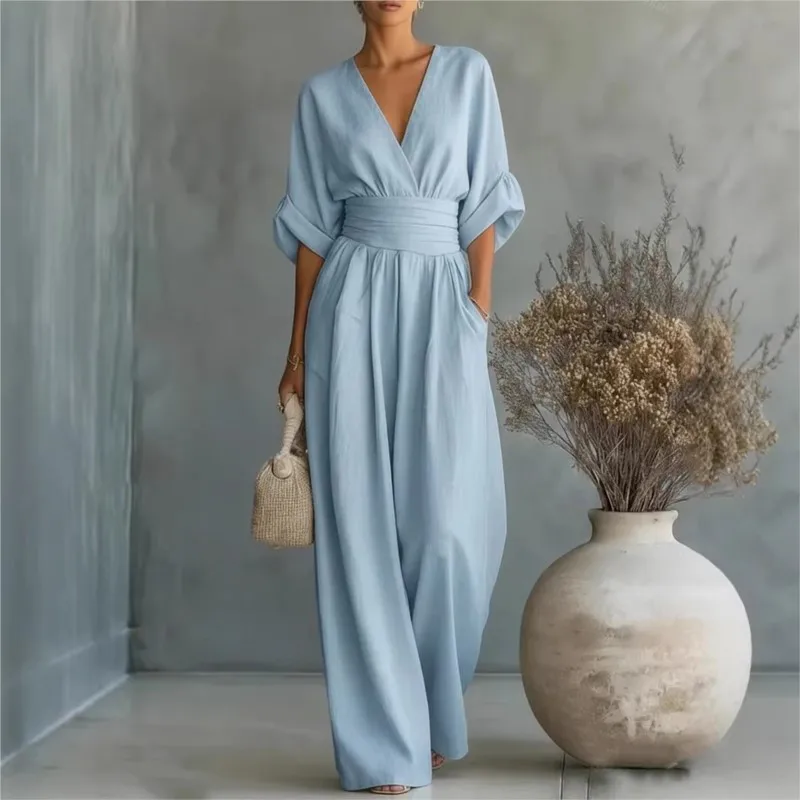 

Women's Summer Foreign Style Solid Jumpsuit Fashion V-neck Loose Short Sleeve Design Wide Leg Jumpsuits Ladies Office Clothing