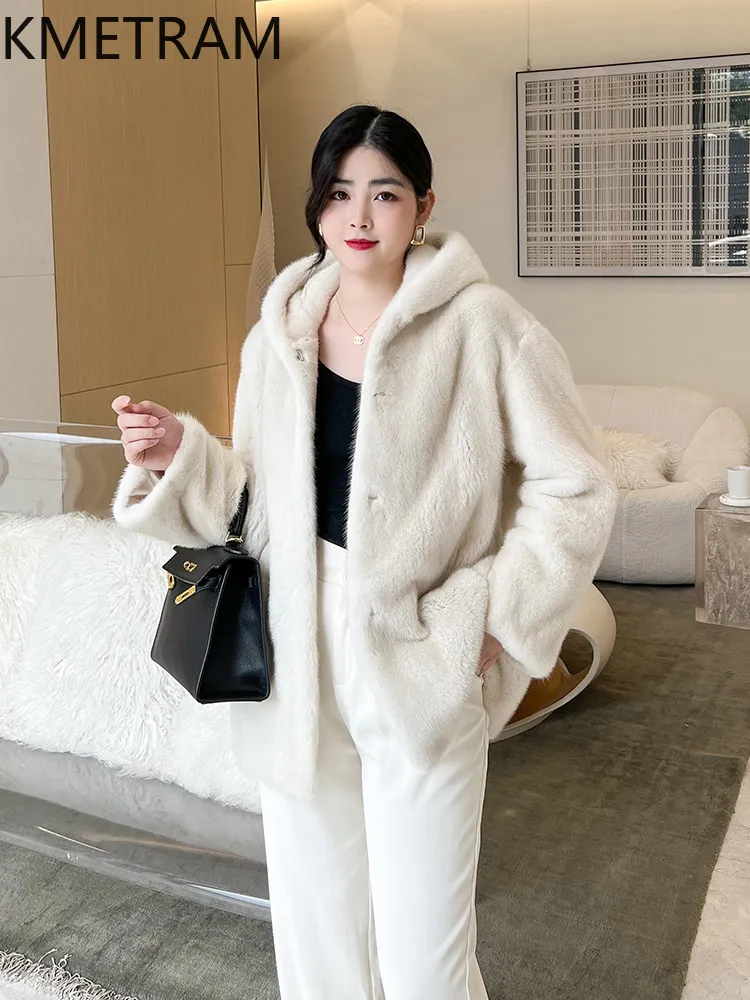 Chaqueta de Piel de Visón 100% Natural de Grado Terciopelo KMETRAM, Abrigo de Piel de Visón Real Informal para Mujer con Capucha, Ropa de Invierno para Mujer 2026 Fourrure