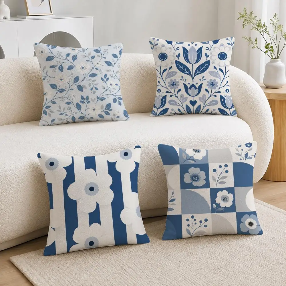 Nordic Aesthetic Fresh Nordic Blue White Floral Cushion Cover Soft Fluffy Short Plush  Pillow Case  Sofa Bed Home Decor