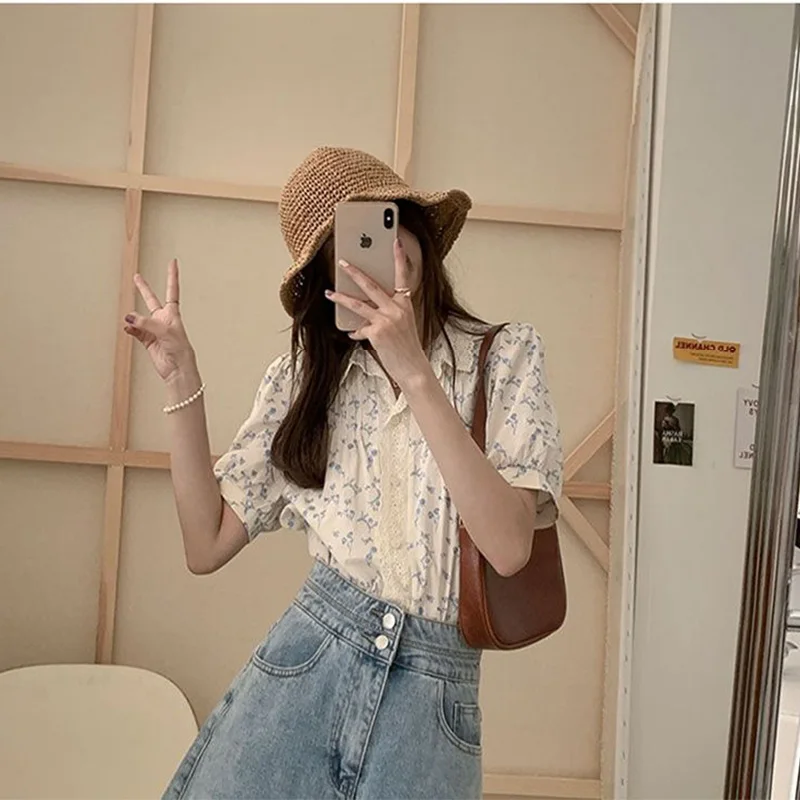 Printed Shirts Women Summer Prairie Chic Short-sleeve Literary Sweet Ulzzang Vintage Ins Delicate Office Lady Gentle Aesthetic