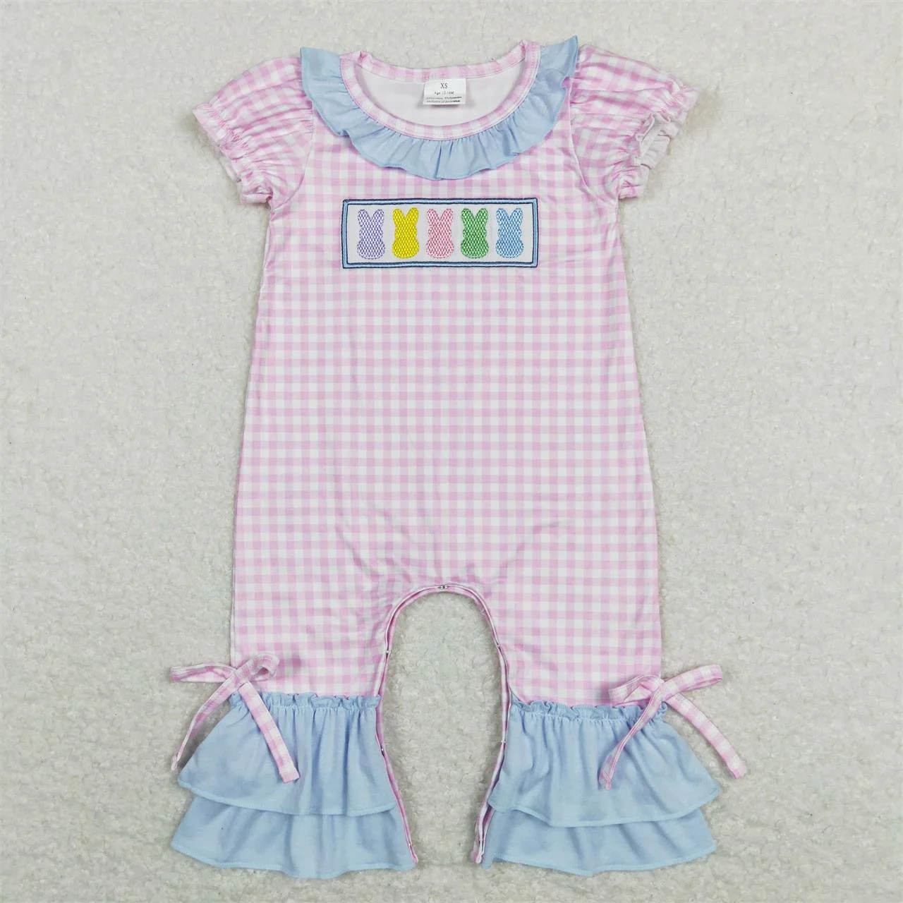 Wholesale Newborn Baby Girl Easter Clothes Short Sleeves Embroidery Rabbit Ruffle Plaid Floral Romper Kids Toddler One-piece