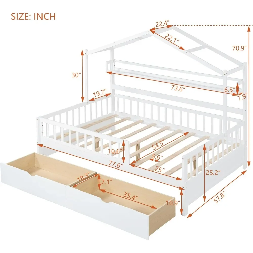 Full House Beds with Drawers, Kids Bed with Shelf and Fence Guardrails, Wood Bed Frame with Decorative Roof Designs