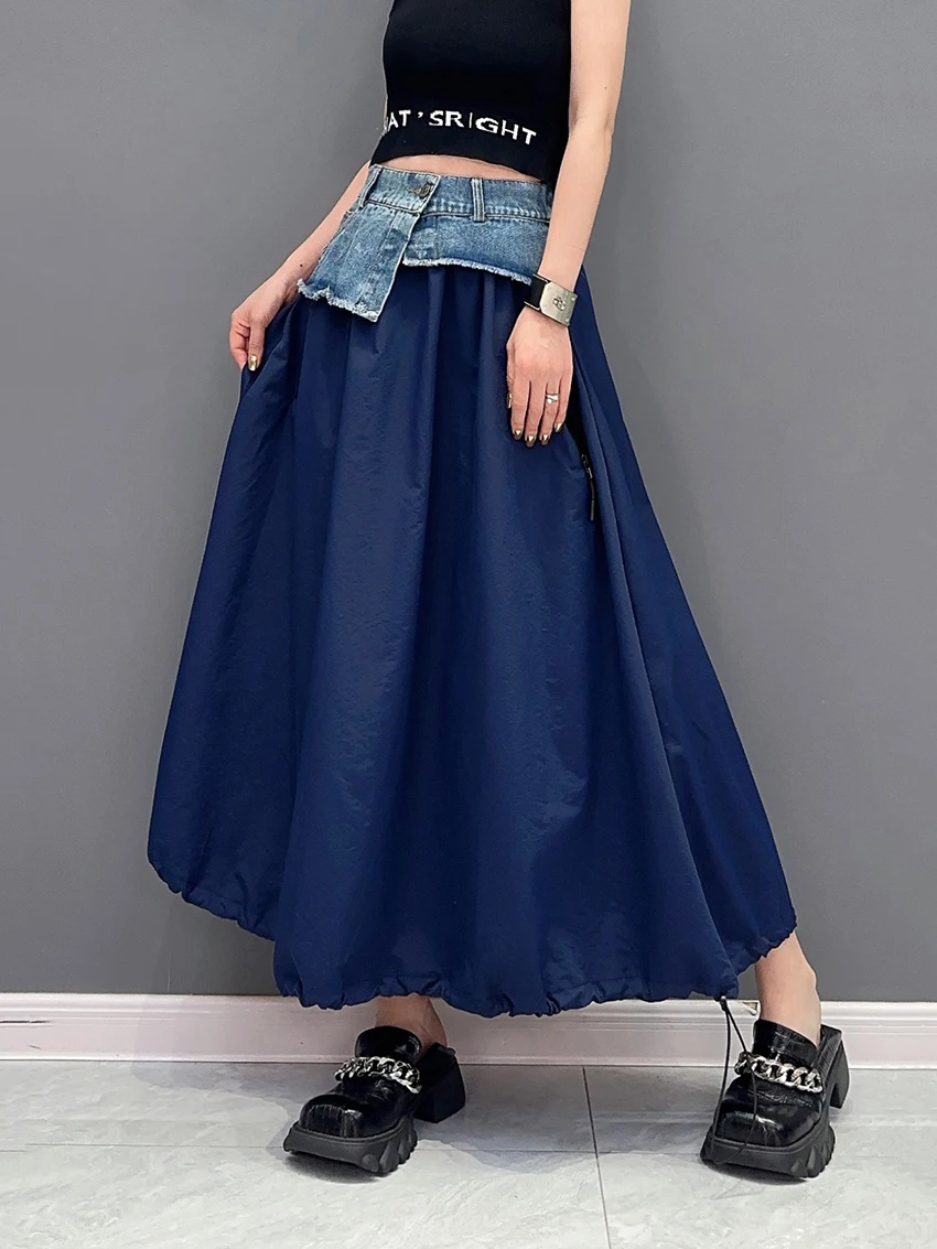 

231104 Partchwork Denim Casual A-line Half-body Skirt High Elastic Waist Women Fashion Tide New Spring Autumn 2024