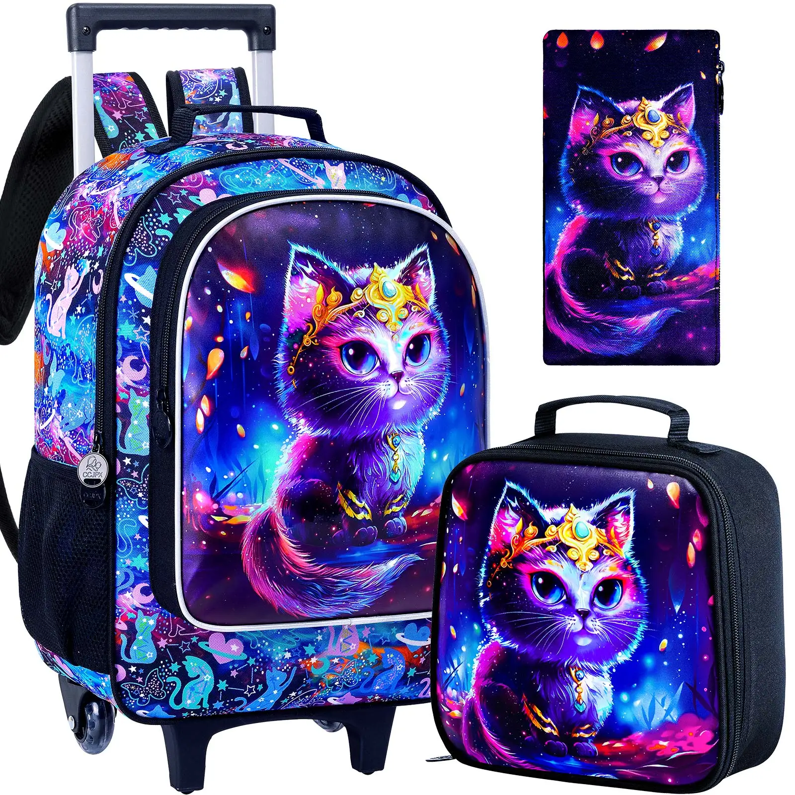

4PCS Rolling Backpack for Girls, Kids Cat Roller Wheels School Bookbag with Lunch Bag, Wheeled School Bag for Toddler Elementary