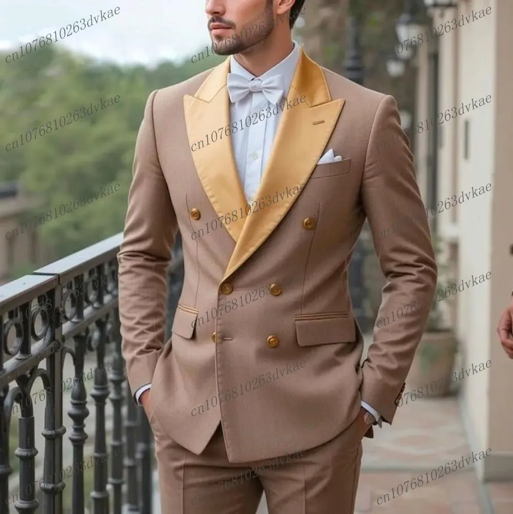

Gold Collar Light Brown Business Men Suit Groom Groomsman Wedding Party Prom Formal Male Tuxedos 2 Piece Set Blazer Pants