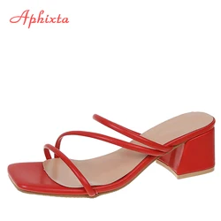 Aphixta 2022 New 4.5cm Red Low Square Heels Slides Women Simple Peep Toe Flip Flops Cool Summer Slippers Sandals Elegant Shoes