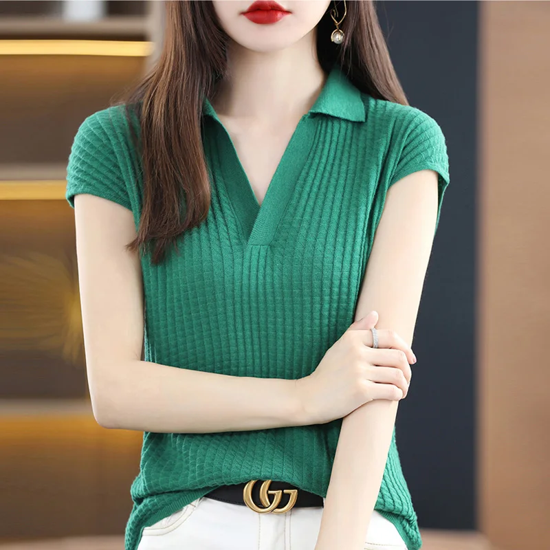 2023 Spring and Autumn Women\'s Cashmere Sweater Women\'s POLO T-shirt Pullover Short Sleeve Cashmere Short Sleeve Knitted Top