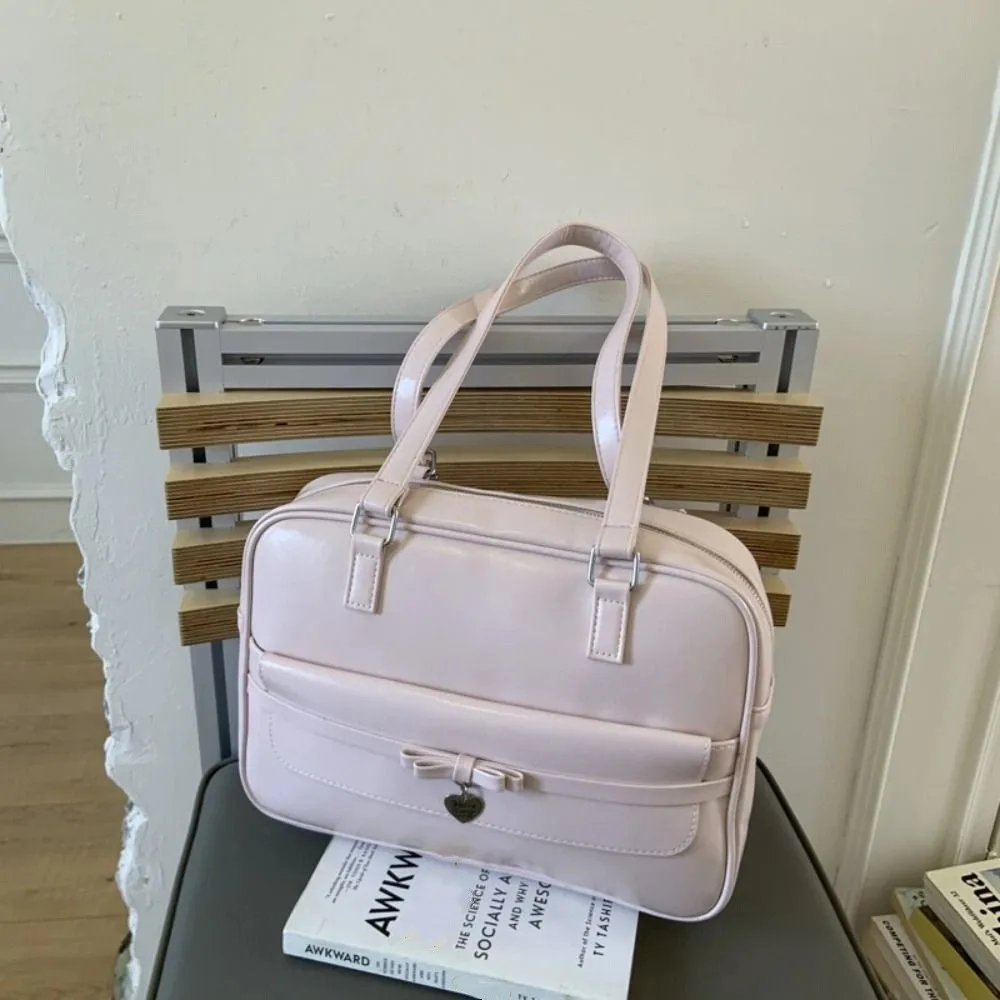 

Trendy Heart Bow Bowling Bag College Style Korean Style JK Uniform Bag PU Handbag Boston Backpack School