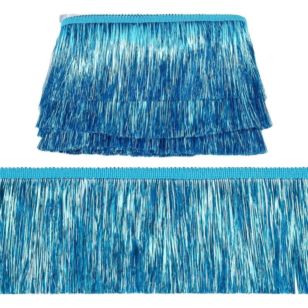 10Yards Deep Sky Blue Wide Metallic Fringe Trim 4Inch Wide Shiny Tinsel Fringe Tinsel Trim Tassel Polyester Ribbon Trim