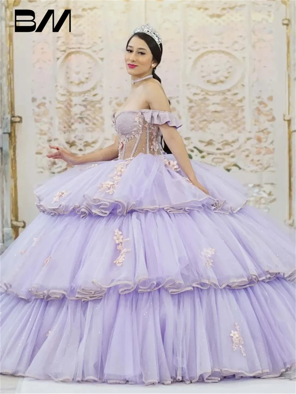 Gaun koktail 2024 gaun quiceanera bahu terbuka Vestidos De Baile gaun pesta berjenjang gaun Prom Tulle